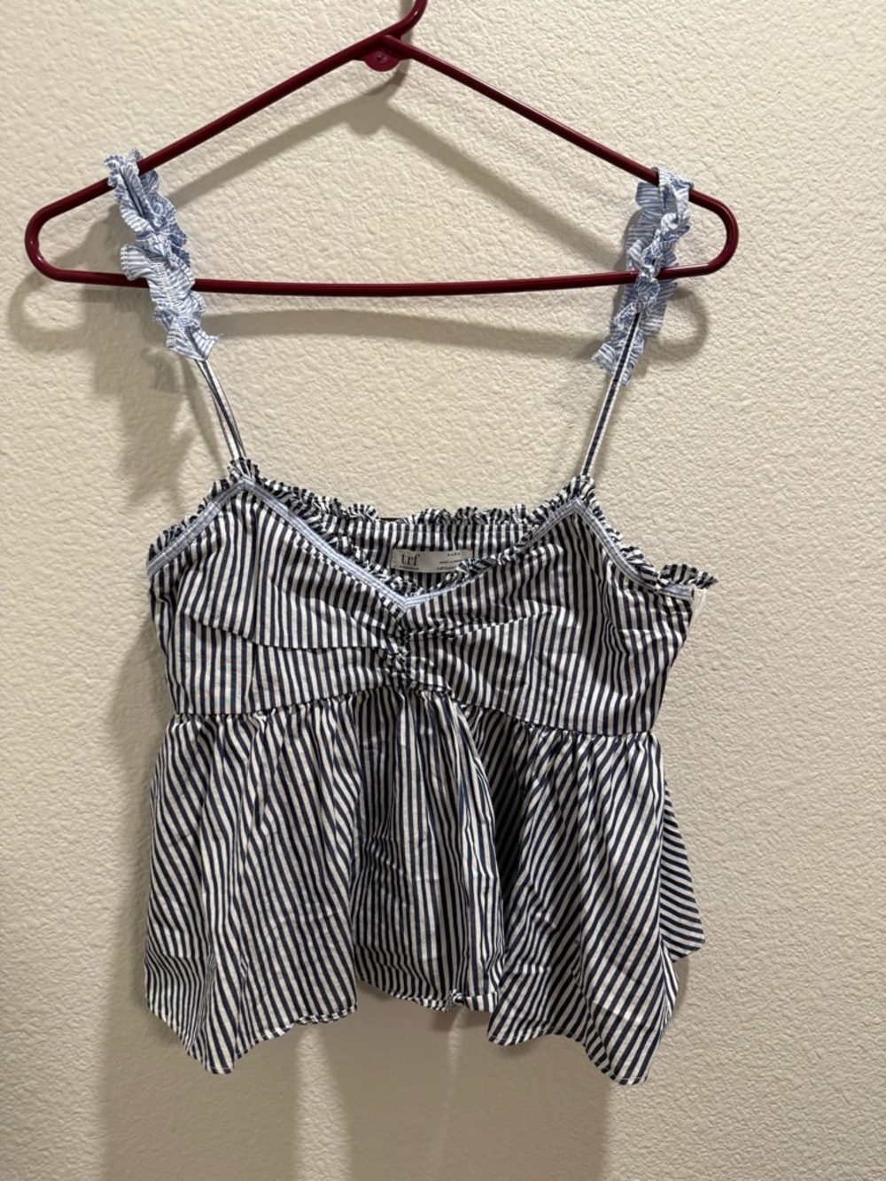 ❗️SALE❗️Zara Navy and White Striped Ruffle-Trim Tie-Front Cami